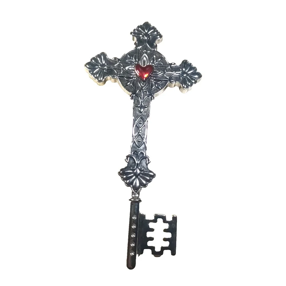 Large Cross Key Pendant Silver Tone Religious Red Heart